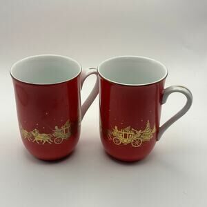 Otagiri Japan Christmas Carriage Mugs Red Gold Holiday Coffee Cup Set of 2